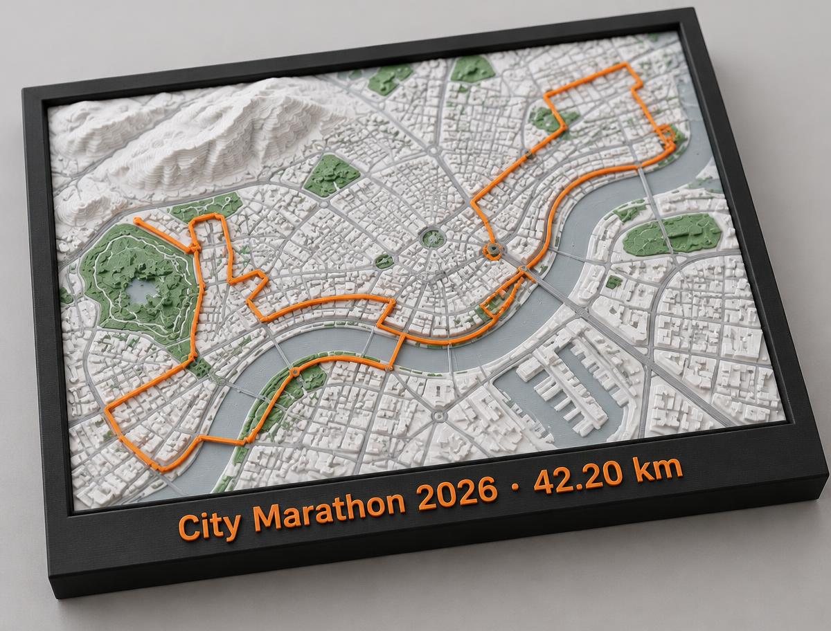 3D-printed run map inside a black frame with orange stats
